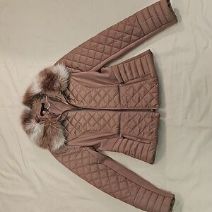 WHBM puffer jacket removable faux fur collar taupe size XS